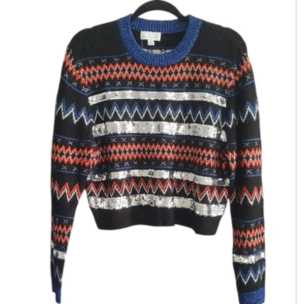 Topshop Black and Blue Patterned Crop Sweater Size 6